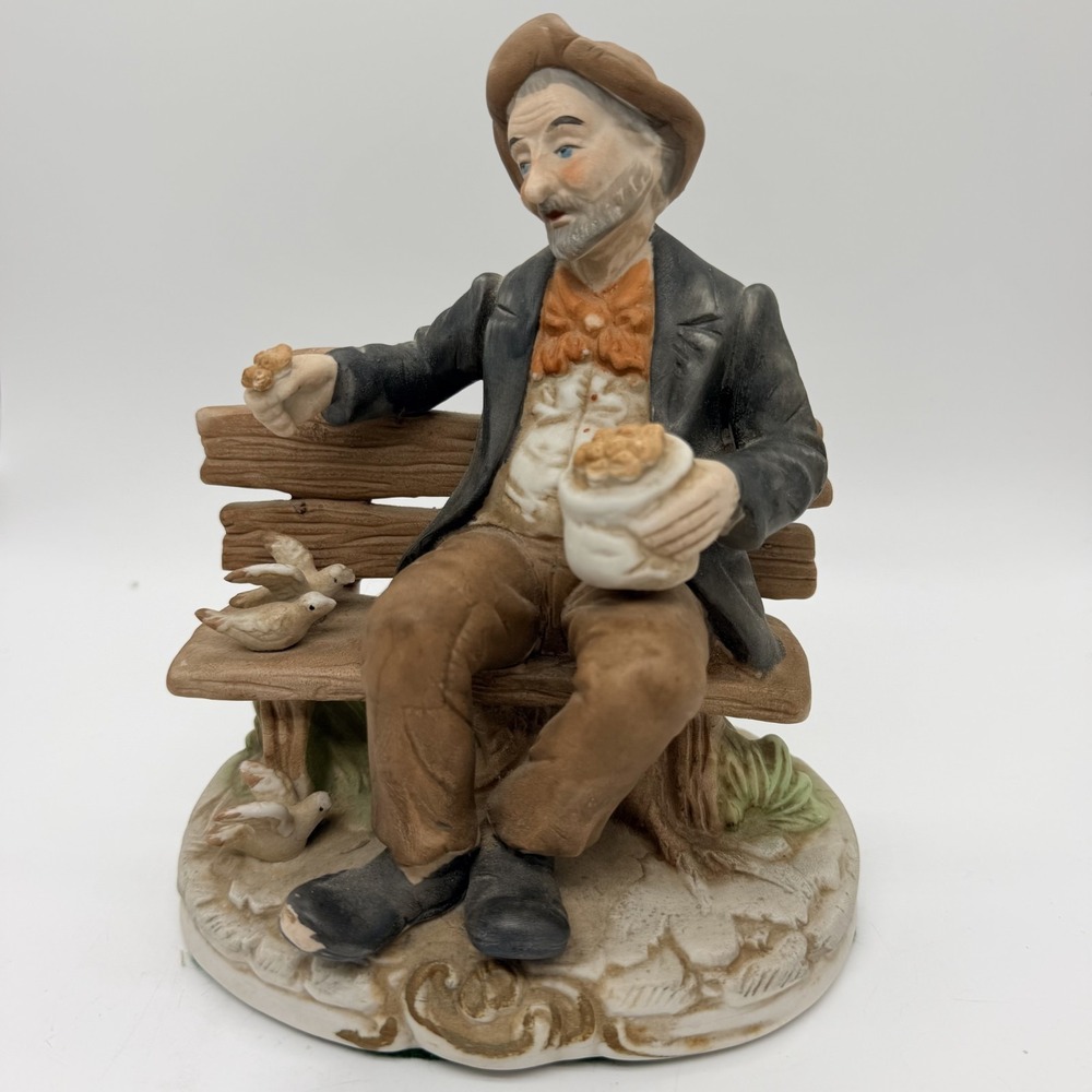 Vintage Nanco Peasant Old Man on Bench Feeding Birds Ceramic Figurine 7"